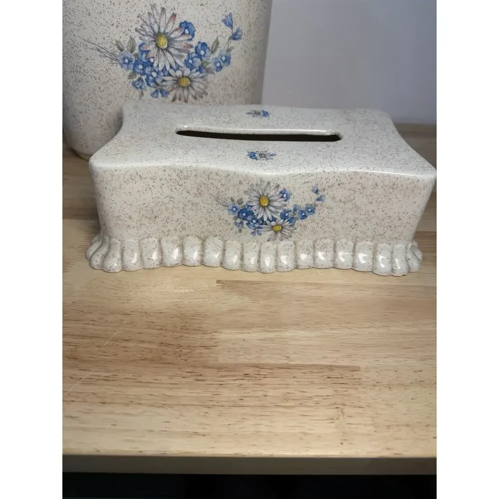VTG 1983 Gator Mold Ceramic Vanity Bathroom Set of 3 Speckled Blue Floral
